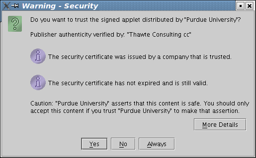 Pop-up to confirm applet certificate