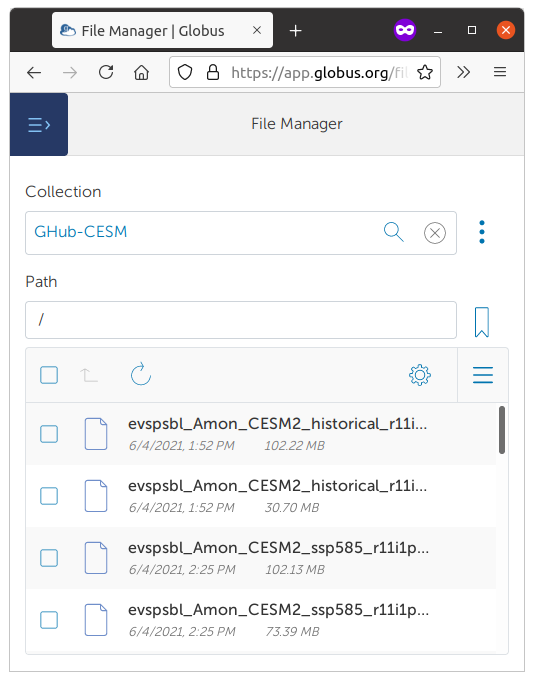GHub-CESM endpoint contents in file manager