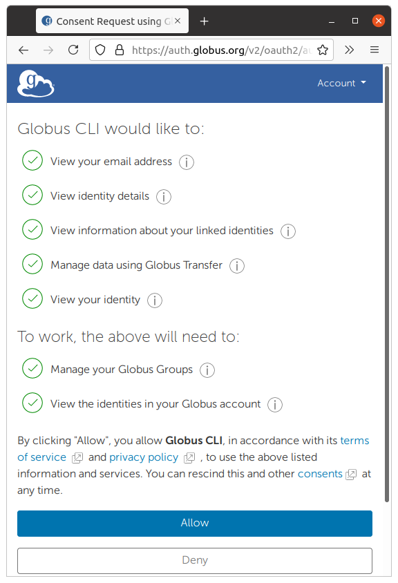 Globus CLI requests your consent